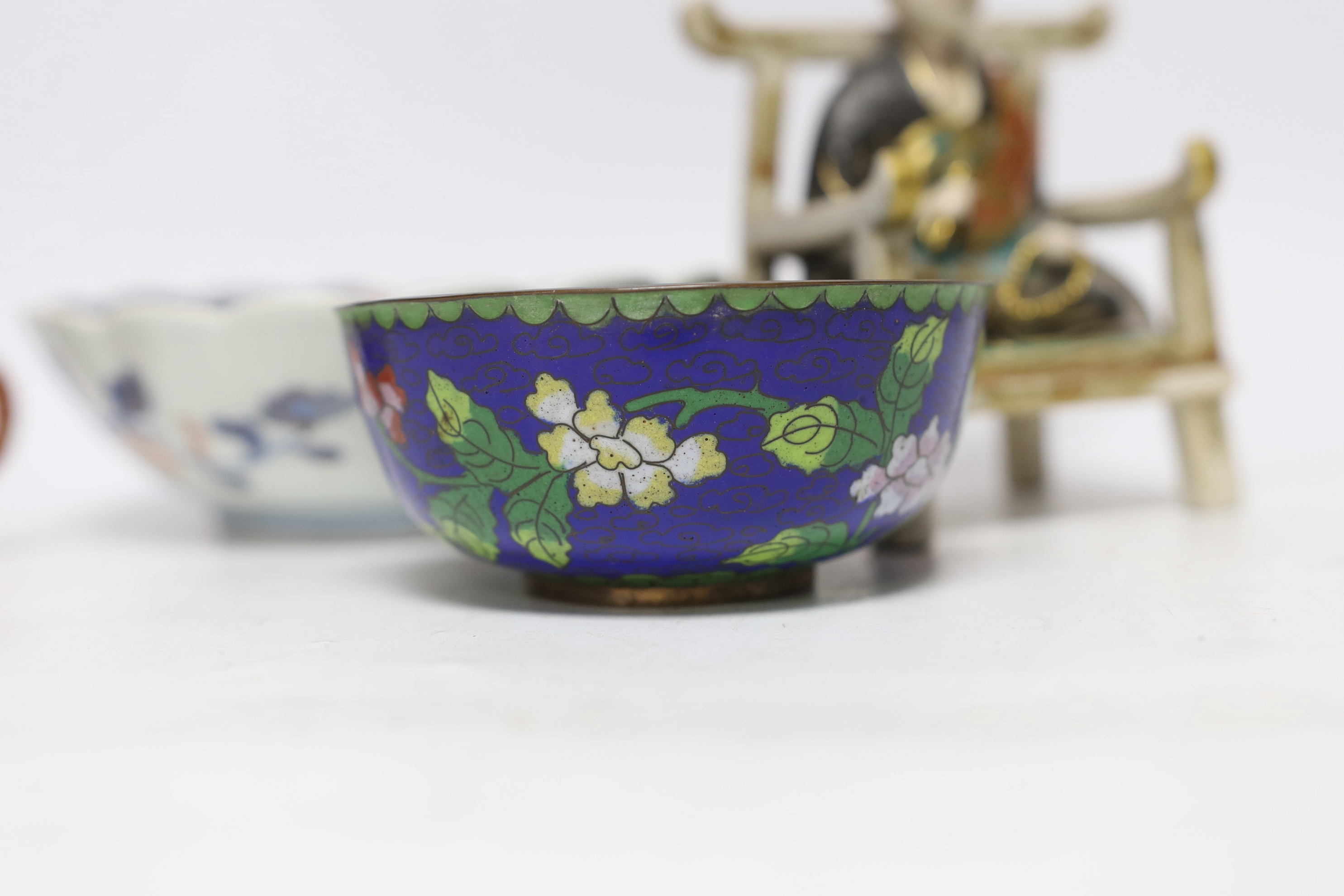 A Chinese enamelled yixing teapot and cloisonné bowl together with a Japanese Imari bowl and a Satsuma seated figure of a Buddhist monk, tallest 14cm